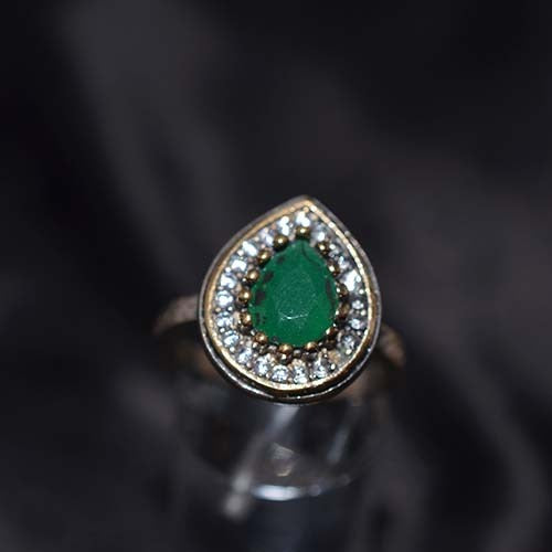 6 Carat Gold Plated Green and White Teardrop Halo Ring