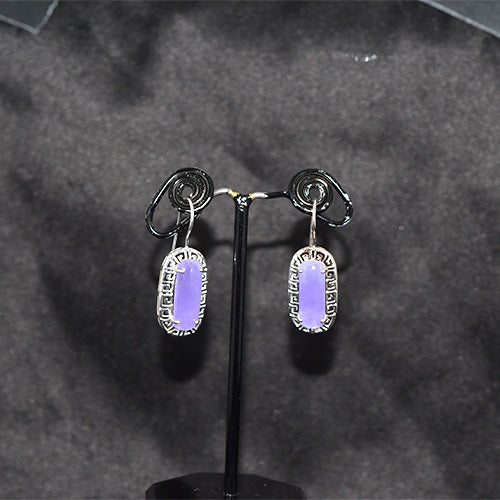 925 Sterling Silver Lavender Jade Greek Key Drop Earrings