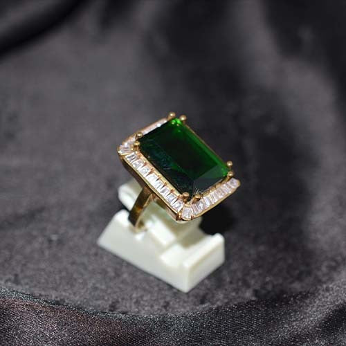 6 Carat Gold Plated Green Emerald Baguette Halo Ring