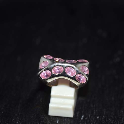 925 Sterling Silver Pink Cubic Zirconia Curved Dot Motif Ring