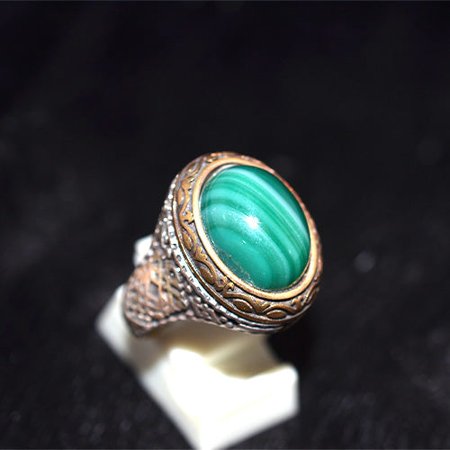 925 Sterling Silver Turkish Malachite Cabochon Engraved Ring