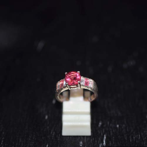 925 Sterling Silver Pink Solitaire Baguette Accent Ring