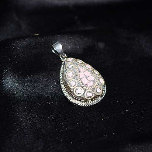 925 Sterling Silver Pink Stone Mosaic Teardrop Pendant