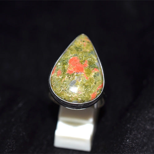 925 Sterling Silver Unakite Bezel Set Teardrop Ring
