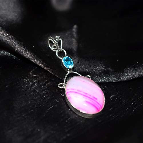 925 Sterling Silver Blue Topaz Pink Banded Agate Oval Pendant