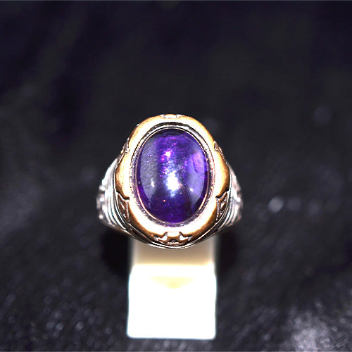 925 Sterling Silver Turkish Amethyst Cabochon Engraved Ring