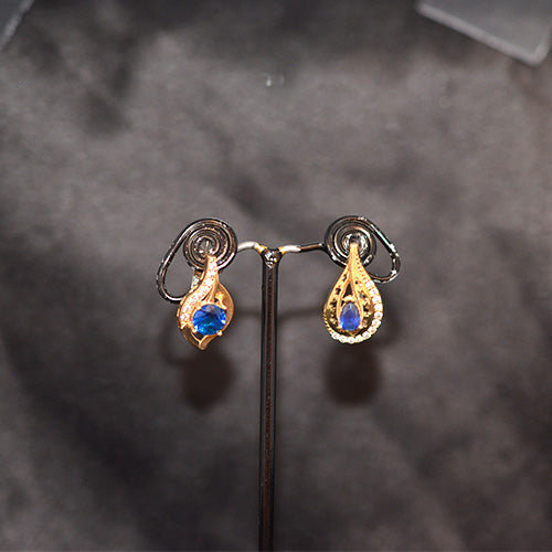 6 Carat Gold Plated Blue Sapphire Teardrop Motif Drop Earrings