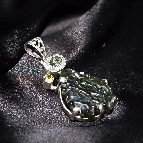 925 Sterling Silver Moldavite and Peridot Freeform Pendant