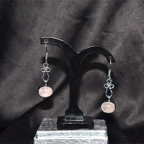 925 Sterling Silver Oval Rose Quartz Filigree Drop Earrings