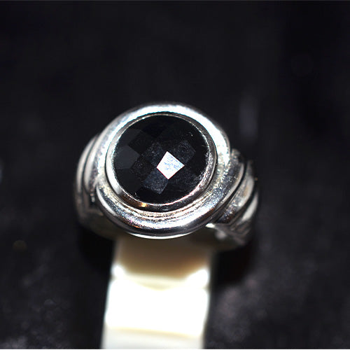 925 Sterling Silver Round Black Onyx Ribbed Band Ring