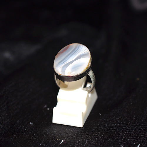 925 Sterling Silver Oval Grey Agate Band Ring