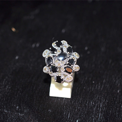 925 Sterling Silver Turkish Abstract Black Onyx and Marcasite Ring