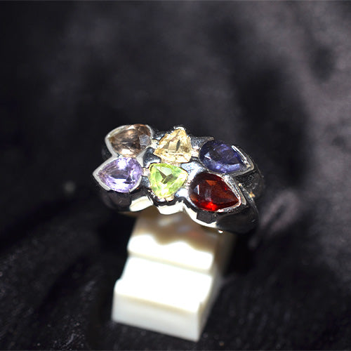 925 Sterling Silver Rainbow Pear Shape Cluster Ring