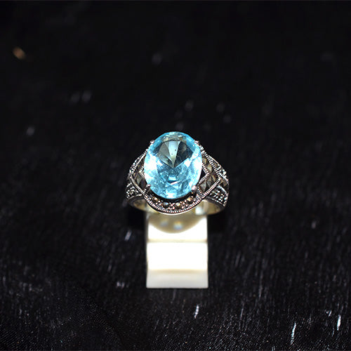 925 Sterling Silver Turkish Blue Topaz and Marcasite Ring with Lattice Shank