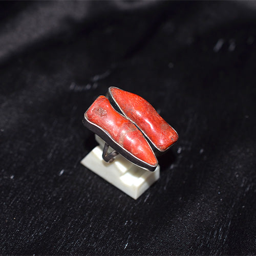 925 Sterling Silver Double Red Coral Ring