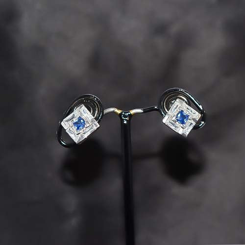 925 Sterling Silver Blue Sapphire Square Stud Earrings