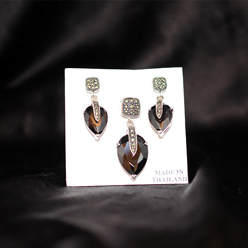 925 Sterling Silver Marcasite Black Onyx Teardrop Pendant and Earring Set