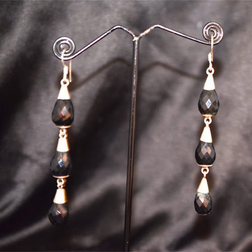 925 Sterling Silver Triple Tier Faceted Black Onyx Drop Earrings