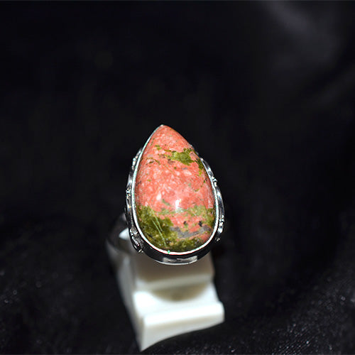 925 Sterling Silver Unakite Teardrop Ring with Ornate Setting