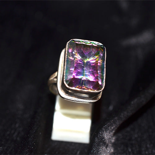 925 Sterling Silver Rectangle Cut Mystic Topaz Bezel Ring