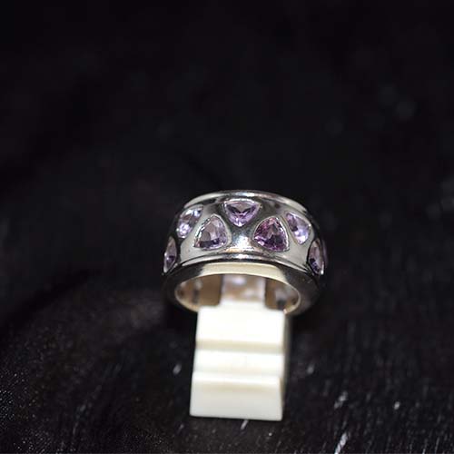925 Sterling Silver Purple Amethyst Triangle Pattern Ring