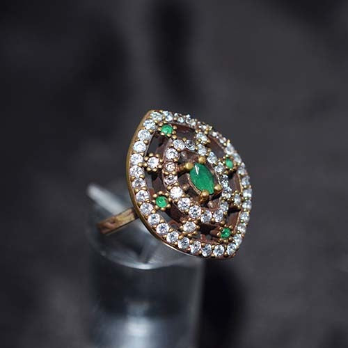 6 Carat Gold Plated Green and White Marquise Statement Ring