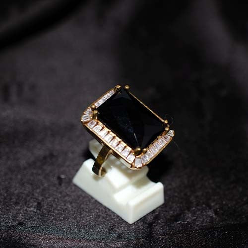 6 Carat Gold Plated Black Onyx Baguette Halo Ring