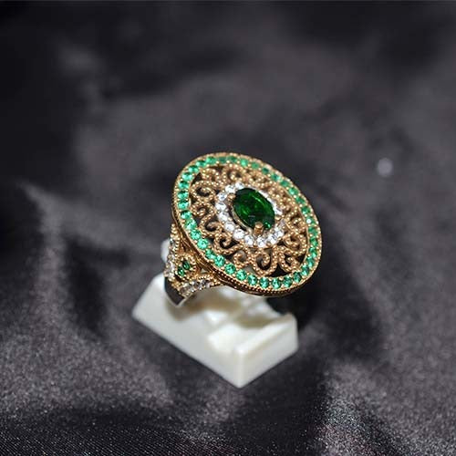 6 Carat Gold Plated Emerald Filigree Oval Ring