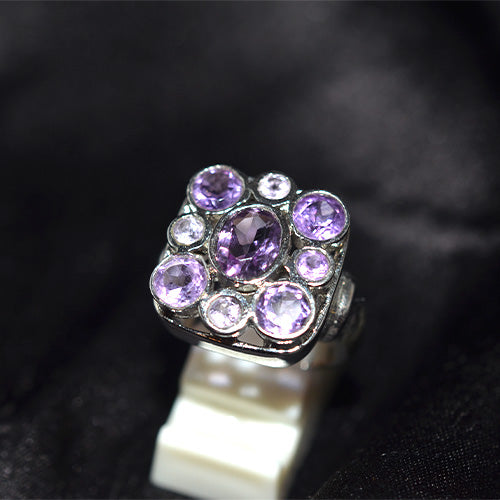 925 Sterling Silver Amethyst Cushion Shape Cluster Ring