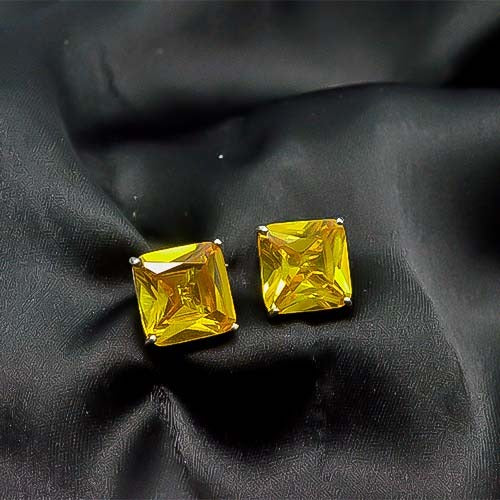 925 Sterling Silver Yellow Crystal Square Stud Earrings