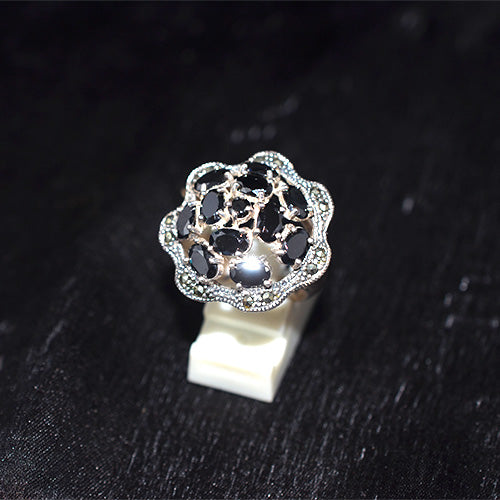 925 Sterling Silver Turkish Black Onyx and Marcasite Floral Cluster Ring