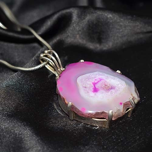 925 Sterling Silver Pink Agate Slice Pendant