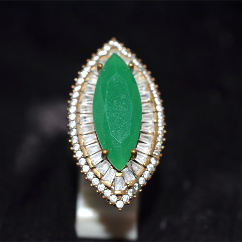 6 Carat Gold Plated Turkish Marquise Green Agate Ballerina Halo Ring