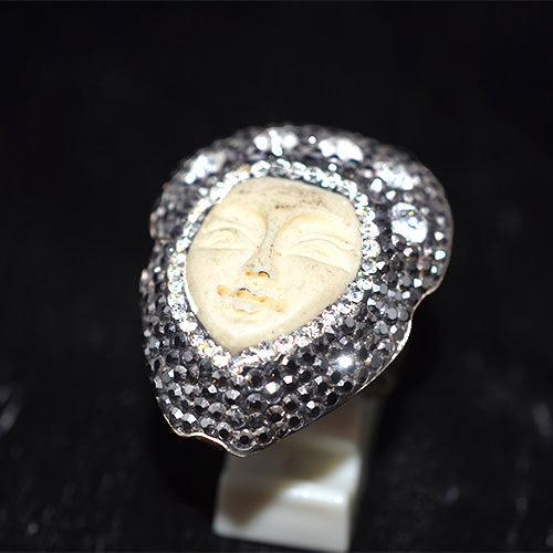 925 Sterling Silver Turkish Handmade Carved Bone Pave Halo Ring