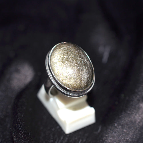 925 Sterling Silver Golden Sheen Obsidian Oval Ring
