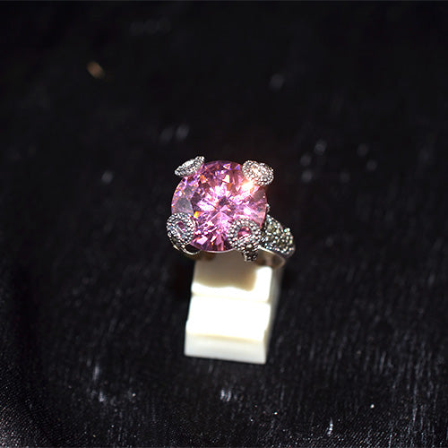925 Sterling Silver Turkish Cushion-Cut Pink Crystal and Marcasite Ring