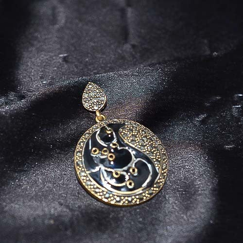 6 Carat Gold Plated Black Enamel and White Crystal Yin Yang Pendant