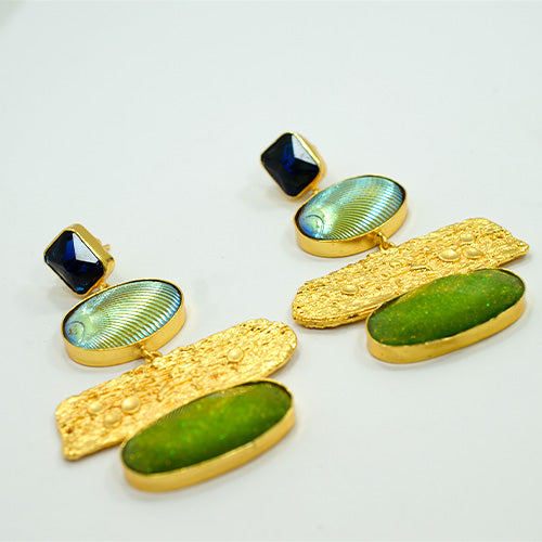 6 Carat Gold Plated Blue and Green Gemstone Textured Drop Earrings