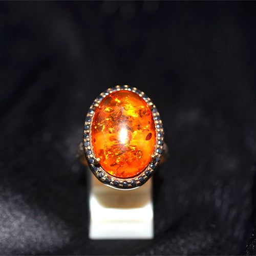 925 Sterling Silver Turkish Amber Cabochon Halo Ring