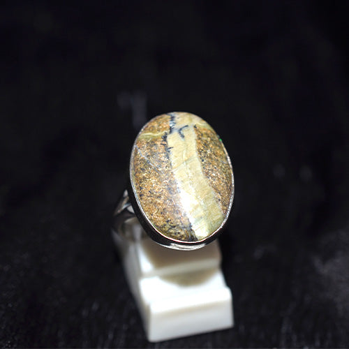 925 Sterling Silver Banded Picture Jasper Oval Ring