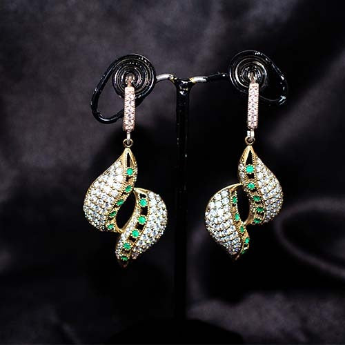 6 Carat Gold Plated Green and White Crystal Leaf Drop Earrings