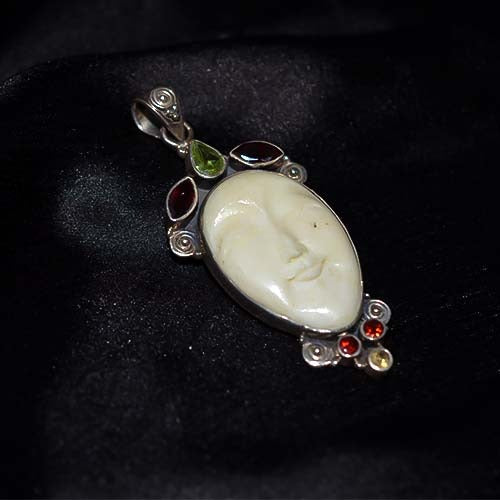 925 Sterling Silver Carved Moon Face and Multi-Gemstone Pendant