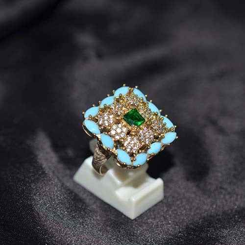 6 Carat Gold Plated Green Emerald Turquoise Cluster Ring