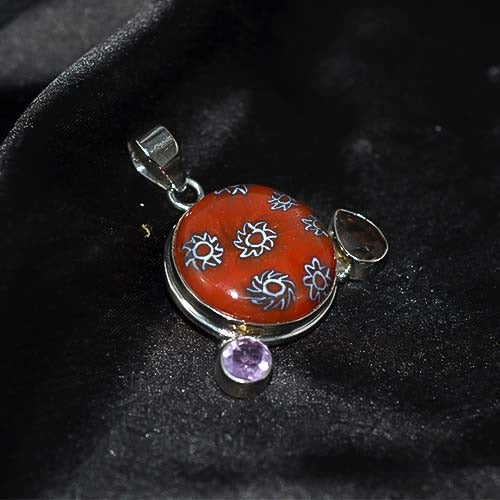 925 Sterling Silver Red Floral Enamel and Amethyst Pendant