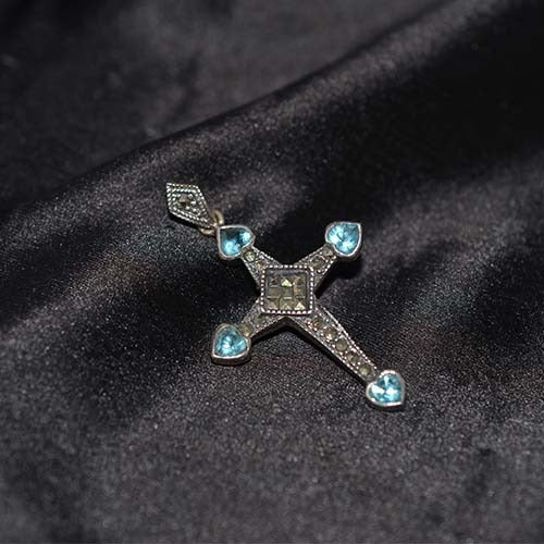 925 Sterling Silver Blue Topaz Marcasite Cross Pendant