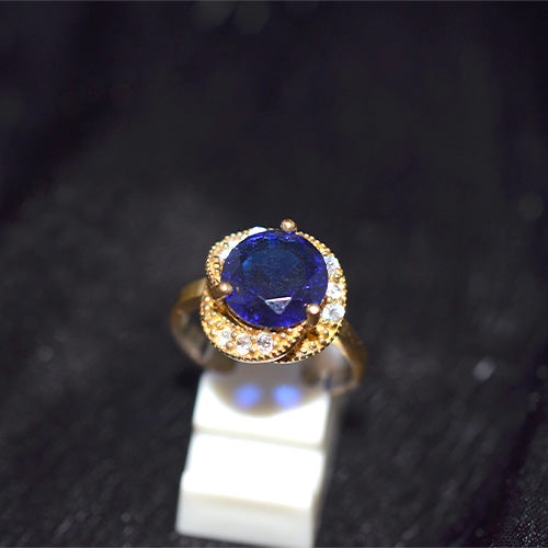 6 Carat Gold Plated Turkish Blue Sapphire CZ Halo Ring