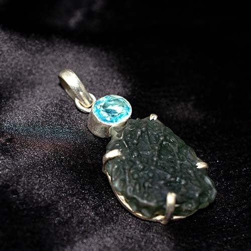 925 Sterling Silver Blue Topaz Moldavite Silver Pendant