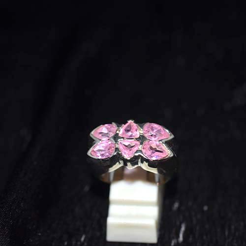925 Sterling Silver Pink Gemstone Flower Motif Ring