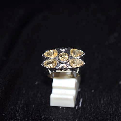 925 Sterling Silver Yellow Gemstone Flower Pattern Ring