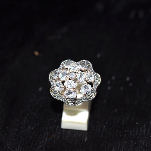925 Sterling Silver Turkish Crystal Cluster and Marcasite Flower Ring